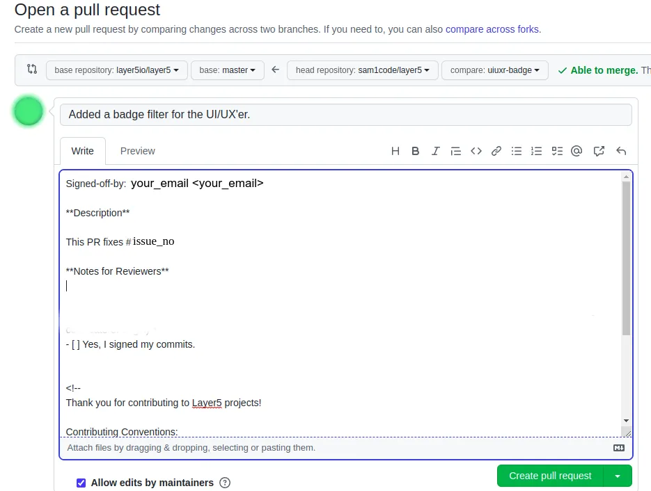 Create pull request page on GitHub